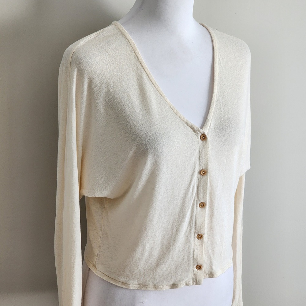 H&M Linen Blend Cardigan Womens XS Cream Cropped Fairy Natural Bridal Neutral - Picture 2 of 15